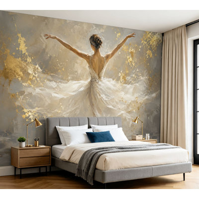 Wall Mural Peel and Stick Wallpaper Elegant Ballerina Flowing White Dress Gold Abstract Self-Adhesive Removable Contact Paper Wall Decor for Living Room Bedroom 100"H x 144"W
