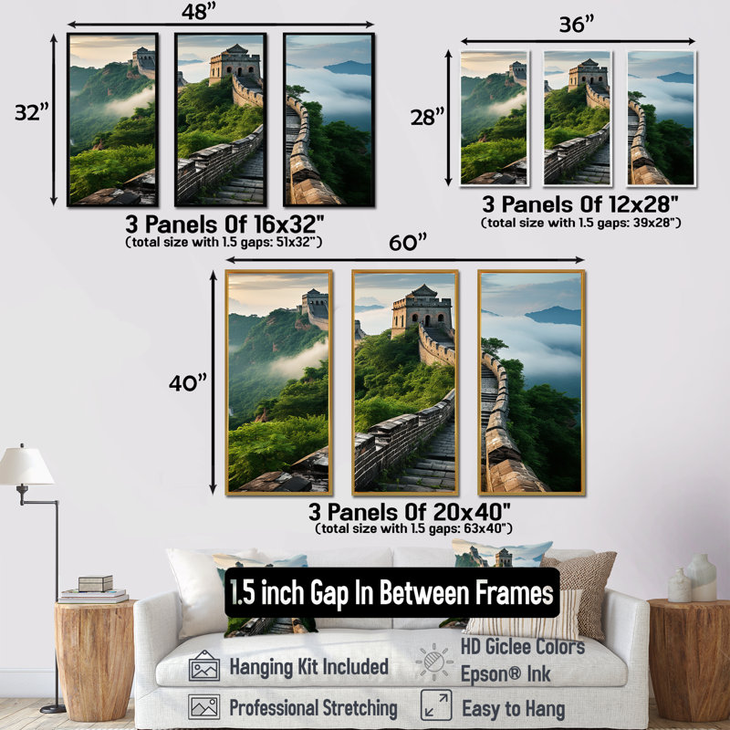 Grande muraille de Chine matin brumeux - art mural Chine, Cadre flottant noir, H 28 po x l 36 po