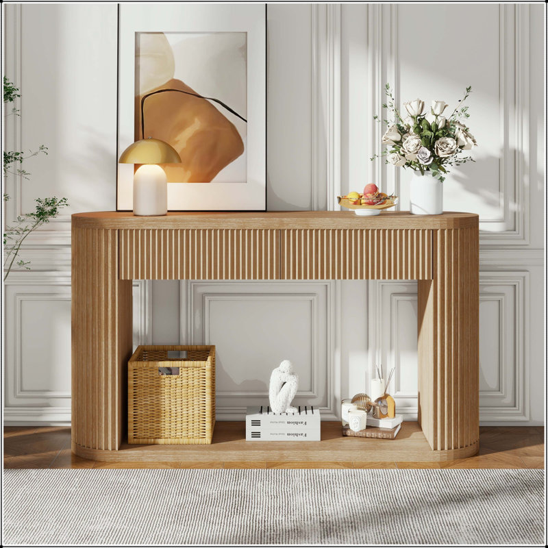 Console ovale cannelée avec 2 tiroirs et tablette inférieure, Noir