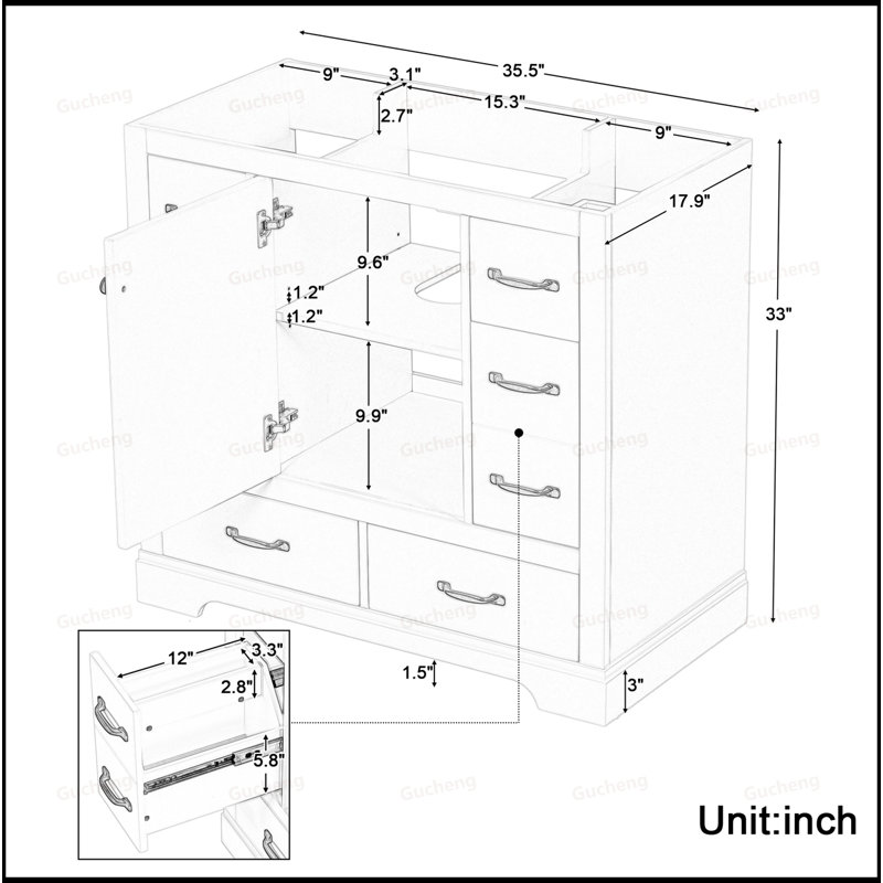 Meuble-lavabo 36 po avec tablette réglable, base d'armoire seulement, Vert