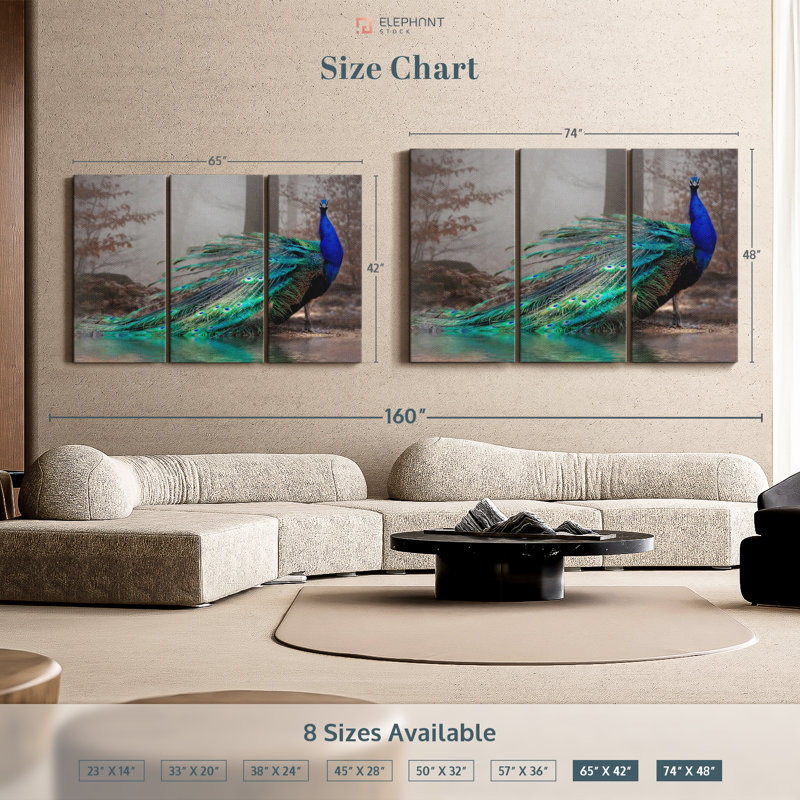 «Elegant Blue Peacock» sur toile, H 48 po x l 74 po x P 1,25 po