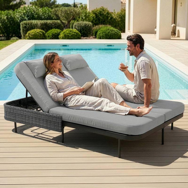Outdoor Wicker Double Chaise Lounge Chair with Cushions, Adjustable Reclining Back, Light Gray