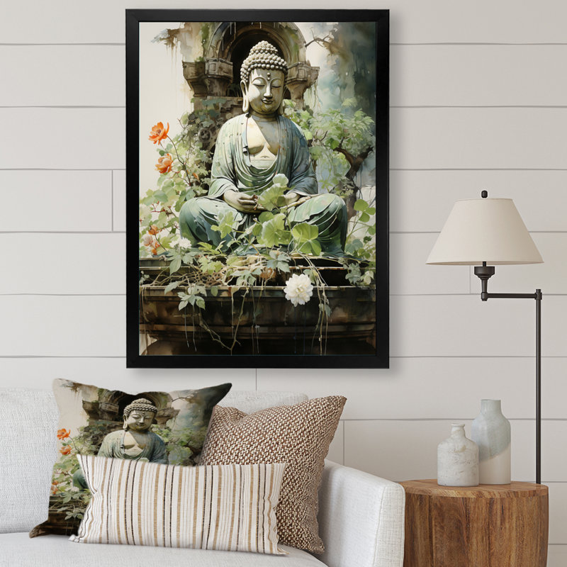 Art bouddhiste vert, art bouddhas sur toile, Cadre photo noir, L 12 po x H 20 po