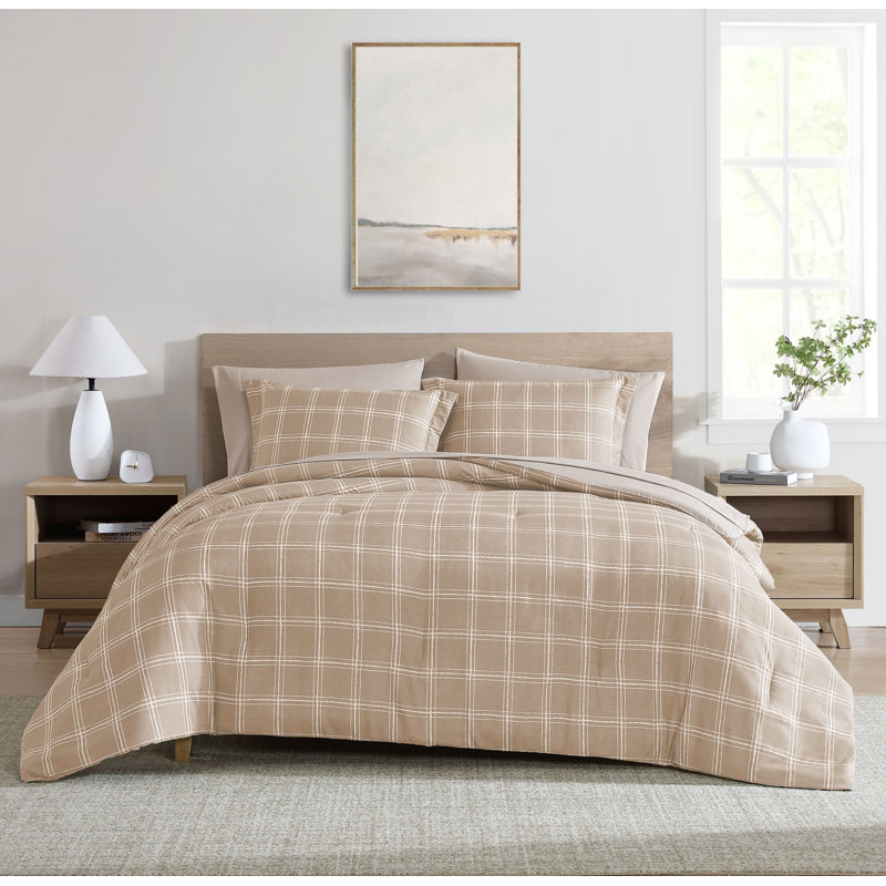 Swift Home Windowpane Plaid 7-Piece Reversible Microfiber Lightweight Bed-In-A-Bag Set, Tan