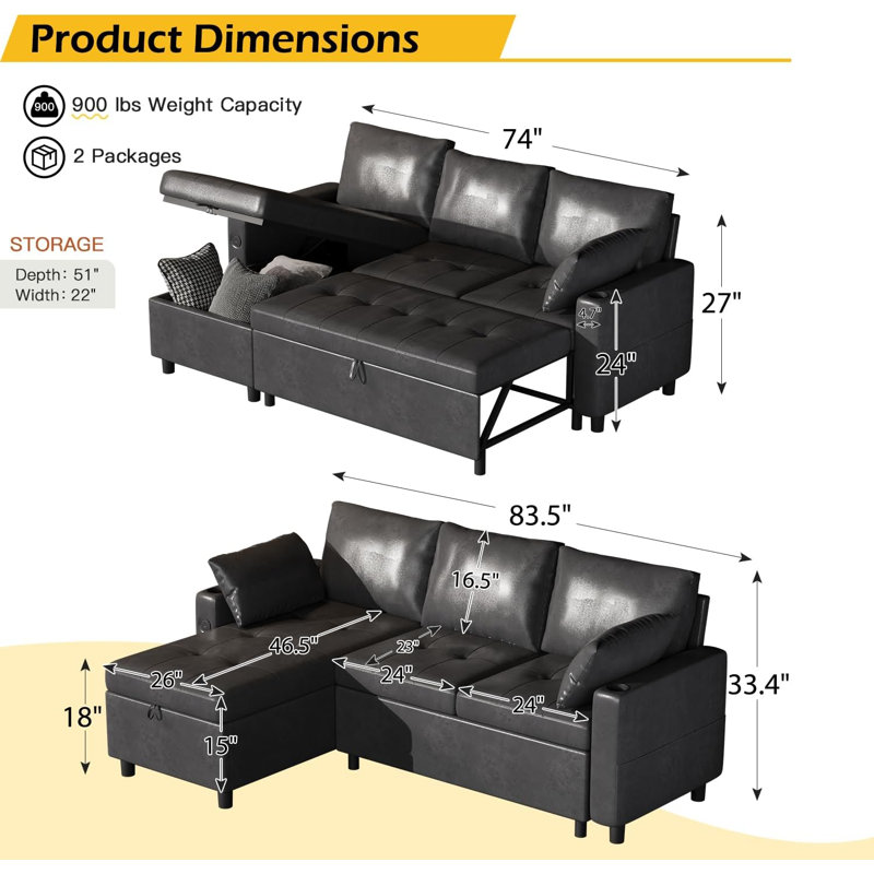 Canapé-lit convertible 83,5 po avec lit escamotable, Cuir noir
