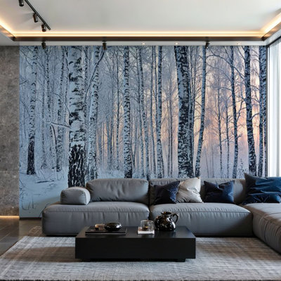 Papier peint adhésif pelez et collez, coucher de soleil d'hiver, forêt de bouleaux, art mural auto-adhésif et amovible