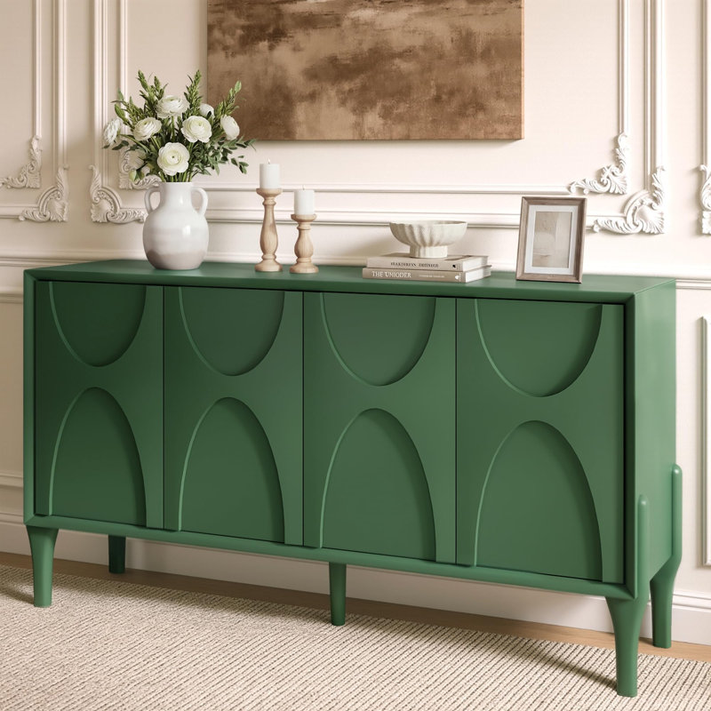 Buffet 59 po, buffet Mid-Century moderne avec tablettes réglables et pieds en bois massif pour la salle à manger ou le salon - vert