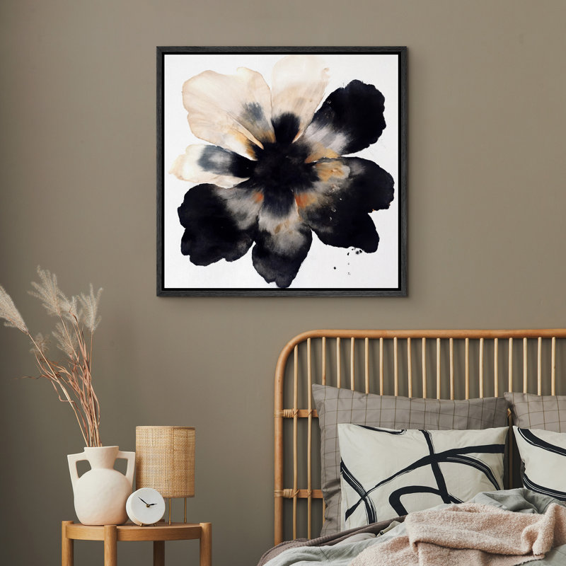 Bold Black and Beige Abstract Floral on White Background - Pictures Framed Canvas Print Wall Art, 24" H x 24" W, Black Frame