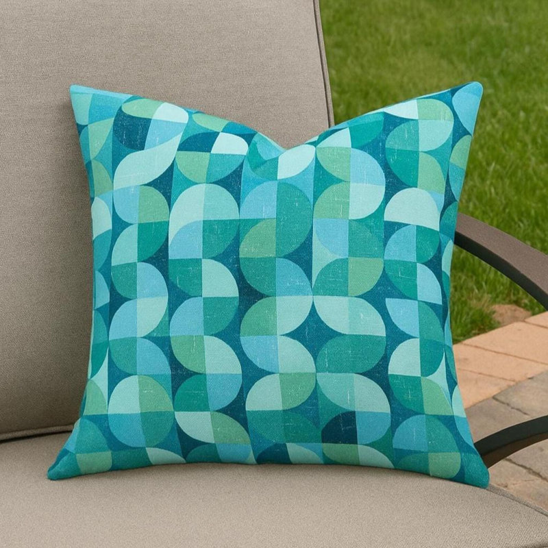 Housse de coussin d'extérieur turquoise et bleu géométrique
