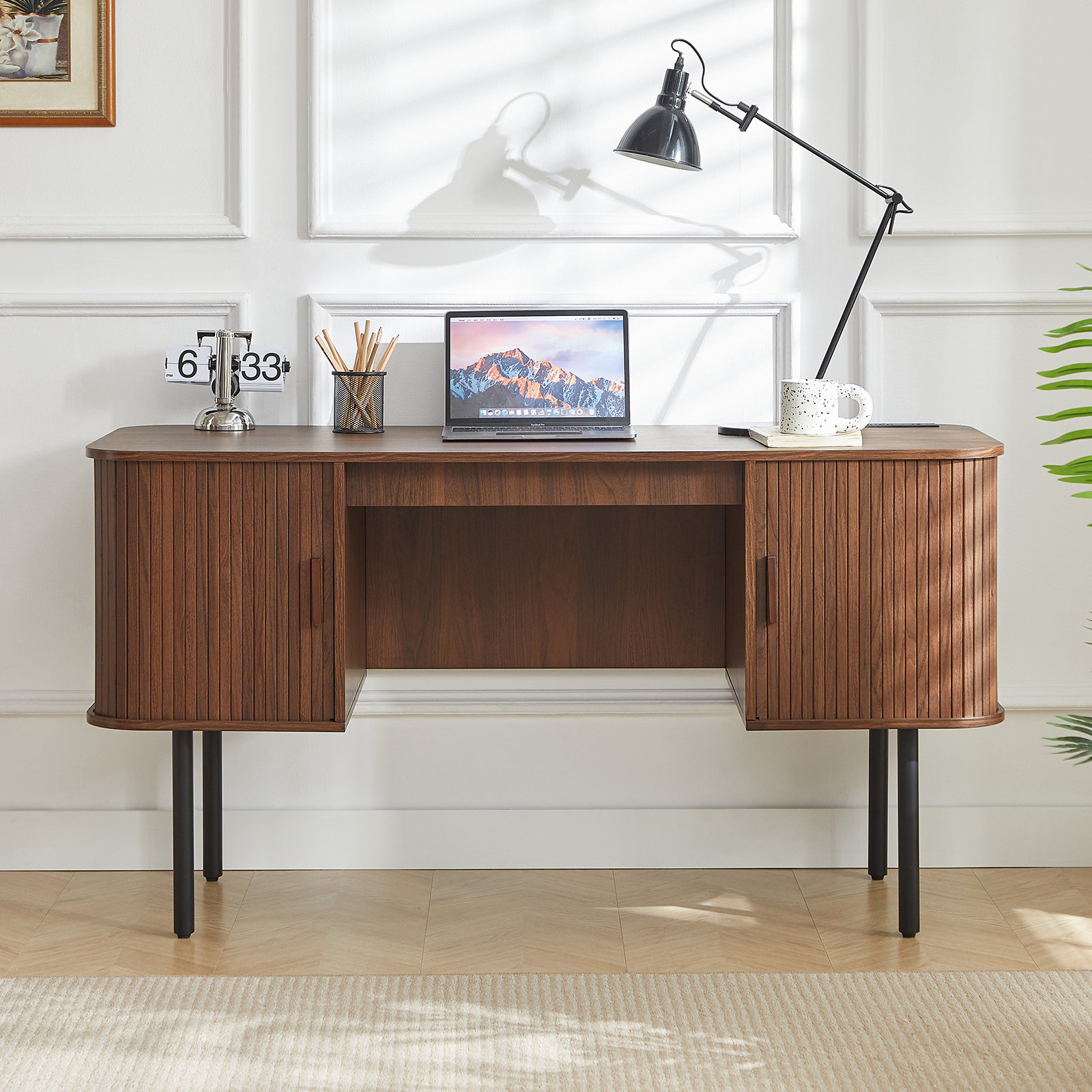 Latitude Run® Computer Desk With 2 Storage Cabinets, Mid Century Executive Desk With Charging Station, Modern Home Office Large Desk With Adjustable Metal Legs & Reviews | Wayfair