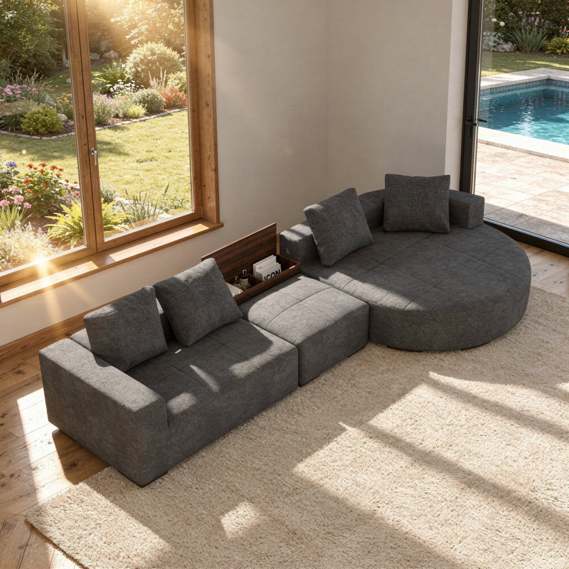 Canapé modulaire 3 pièces rembourré gris foncé, entièrement en mousse comprimé, sans assemblage requis, Chenille grise foncée