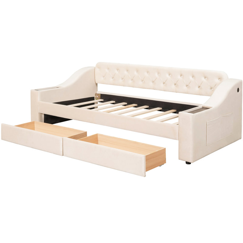 Lit de jour simple avec rangement pour port et accoudoirs en beige, finition rembourrée, Beige