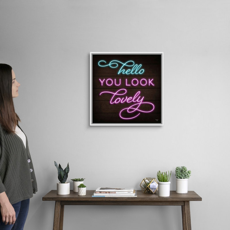 «Neon Hello Mollie B.», reproduction d'art sur toile tendue, 22" H x 22" W x 1.75" D, Cadre blanc