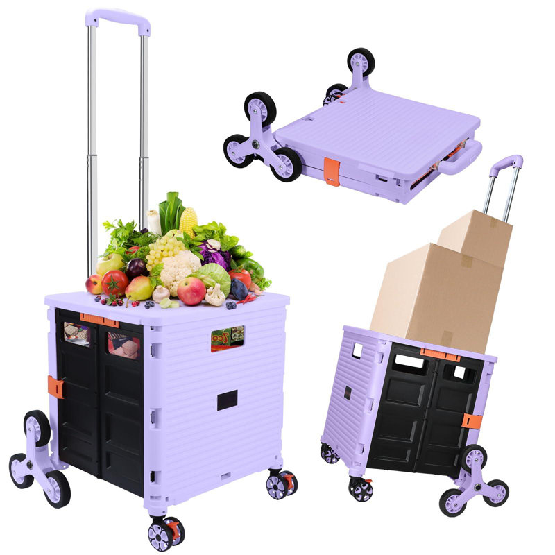 Foldable Utility Cart Collapsible Crate Rolling Carts With Stair Climbing Wheels Rolling Tote Basket Teacher Cart With Lid Wear-Resistant 360°Rotate Wheel Noiseless