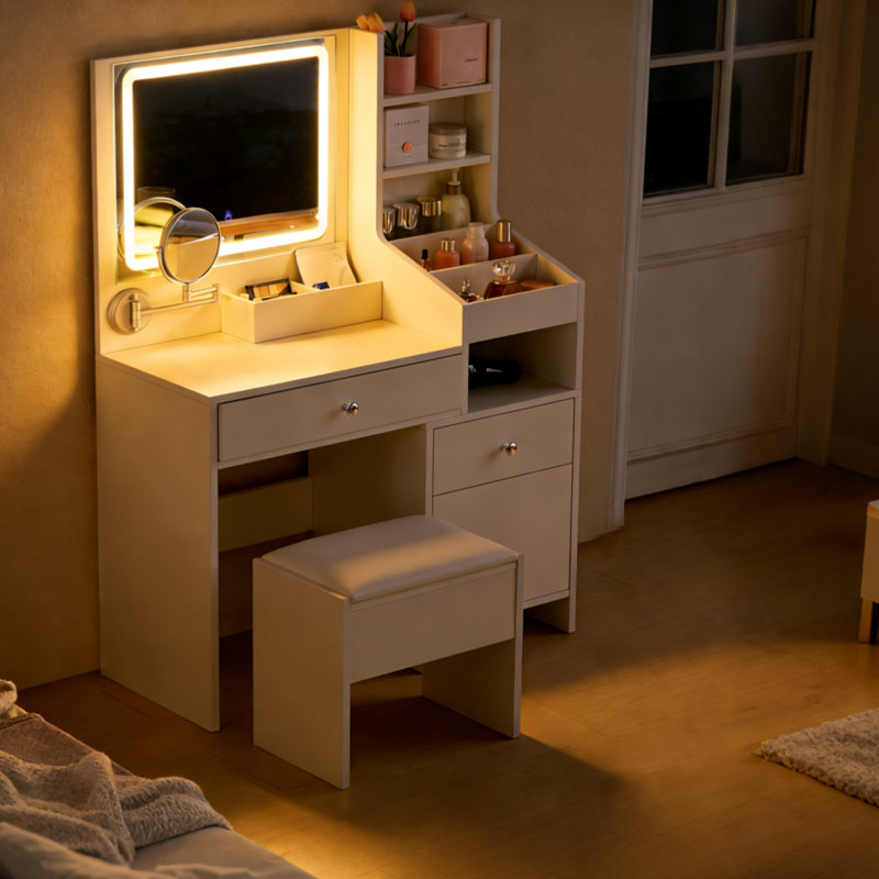 Demri Modern Dressing Table with Led Mirror, 2 Drawers and 6 Shelves