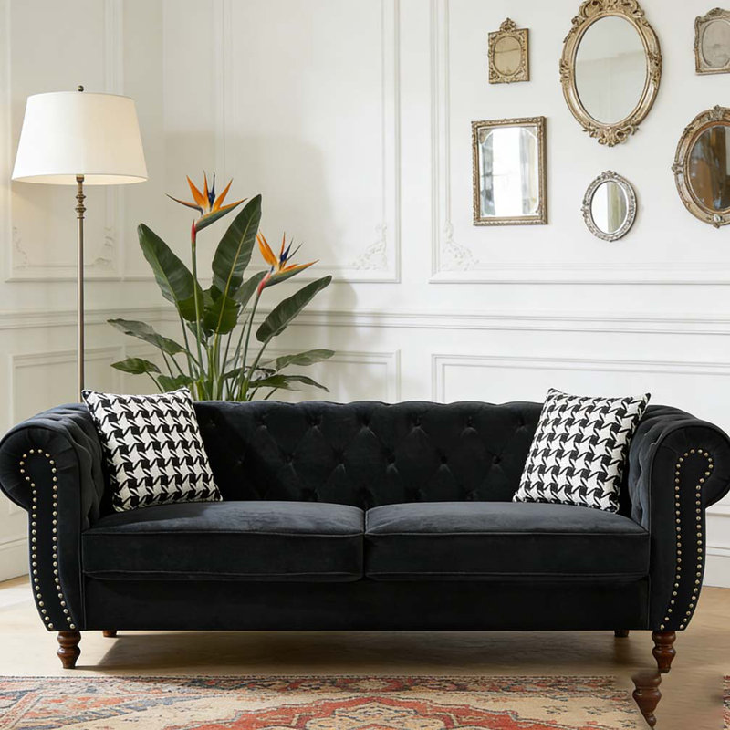 Canapé 87 po en tissu d'ameublement Chesterfield, H 29 po x l 87 po x P 33 po, 3, Noir