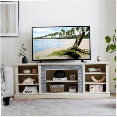 Grande tablette de rangement pour télé avec empilage de pierre, console de contrôle multimédia avec grand meuble de rangement, meuble télé moderne, blanc, l 70,12 po x P 15,35 po x H 25,83 po