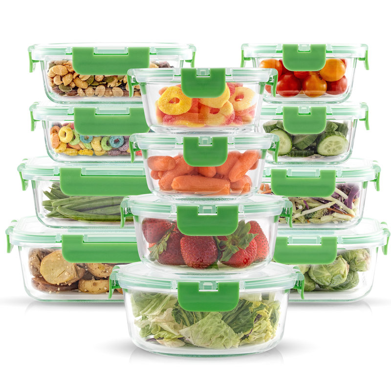 JoyFul 24-Piece Bright Green Glass Storage Containers with Leakproof Lids