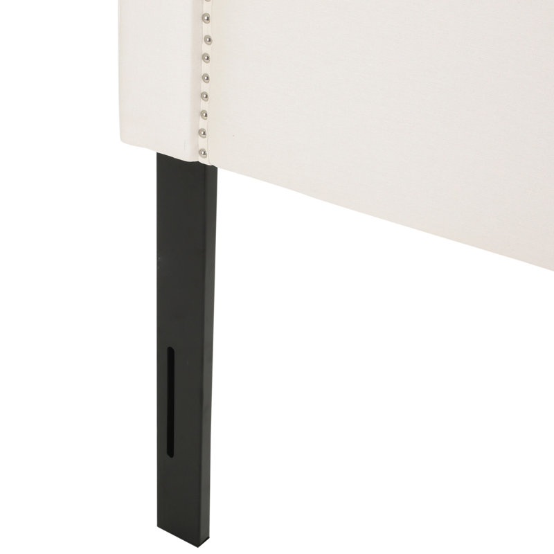 Grand lit et tête de lit double, tissu d'ameublement avec boutons texturés, pieds en fer noir