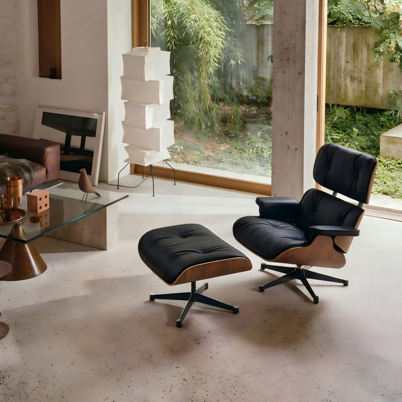 Mid Century PU leather Upholstered Lounge Chair with Ottoman, Solid Wood Frame, Heavy-Duty Aluminum Alloy Base for Home Office and Living Room