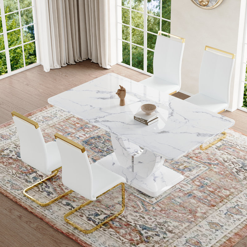 Dining Table Set, White/Gold, White Marble, 5 pieces