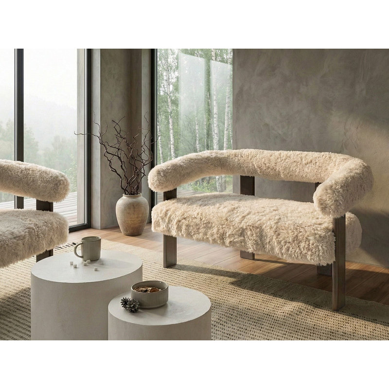 ILBRO Sofa, Off White Faux Fur, Dark Brown