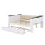 Lit de jour polyvalent à structure en bois avec tête de lit rembourrée confortable, tablettes latérales, port USB et lit gigogne sous le lit pour un espace de sommeil supplémentaire