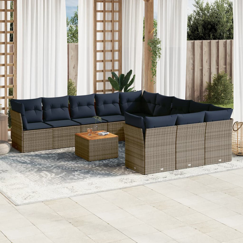 Ensemble de canapé de patio 12 pièces avec coussins en rotin de polyester, Gris, Marine