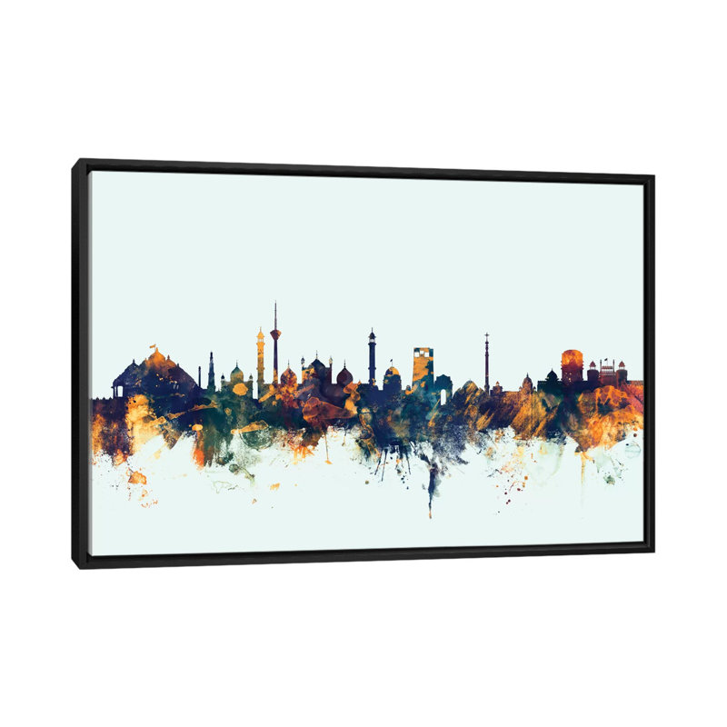 Skyline Series: New Delhi, Inde, impression sur toile tendue en bleu, H 40 po x l 60 po x P 1,5 po, Toile avec cadre noir