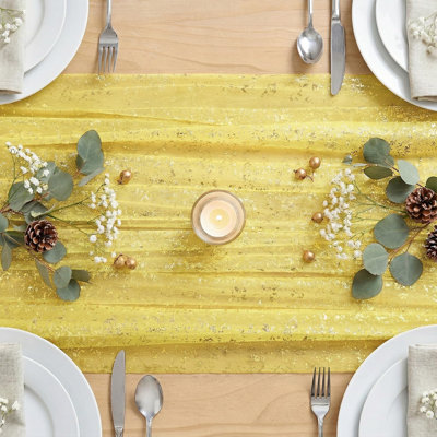 Light Yellow Gold Gauze Table Runner 59x120 Inch 10FT, Glitter Metallic Foil Sheer Dining Wedding Anniversary Holiday Birthday Table Decor for Home Party