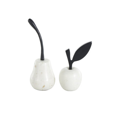 Marble Abstract Apple and Pear Fruit Decorative White Sculpture with Black Stems Set