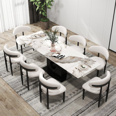  9-Piece Extendable Rectangular Sintered Stone Dining Table Set With 8 Solid Wood Chairs