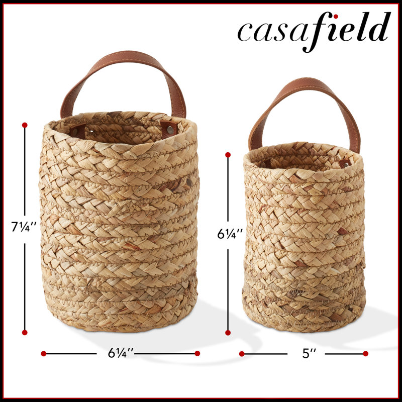 Natural Water Hyacinth Wall Hanging Baskets with Faux Leather Handles