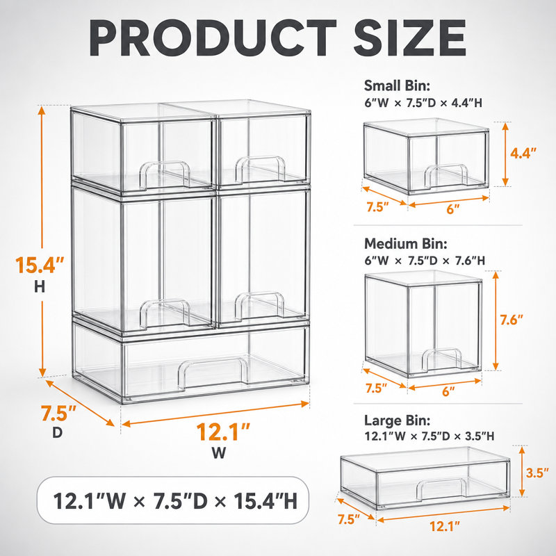 5-Pack Acrylic Baby Bottle Storage Organizer, Stackable Clear Drawer Container for Countertop, Vanity, Bathroom, Cabinet & Pantry, 2S2M1L
