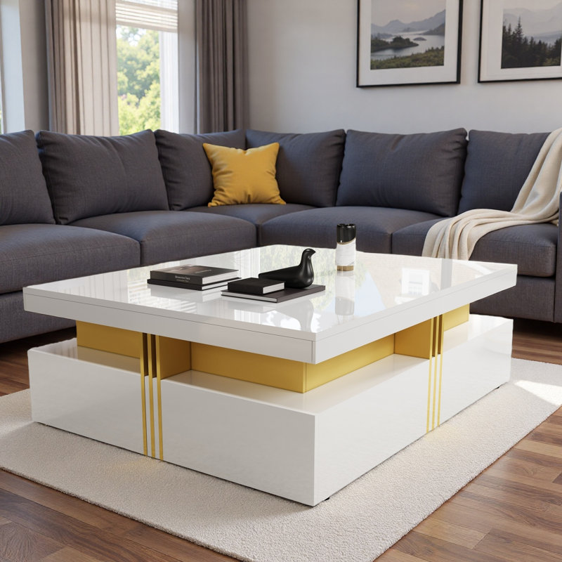 Table basse moderne carrée avec 4 tiroirs, Blanc