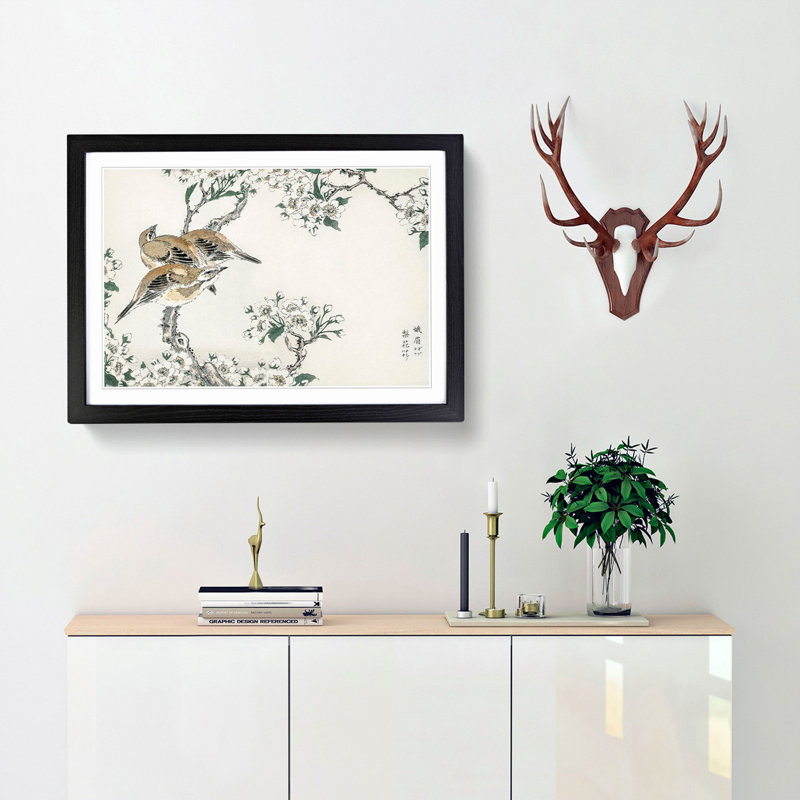 Meadow Bunting Birds & Pear Flowers by Numata Kashu - Picture Frame Painting Print, 36cm H x 48cm W x 2cm D, Black Framed