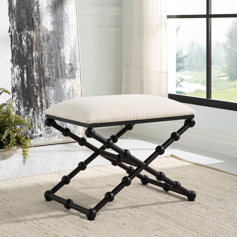 White Polyester Upholstered Bench with Black Iron Frame
