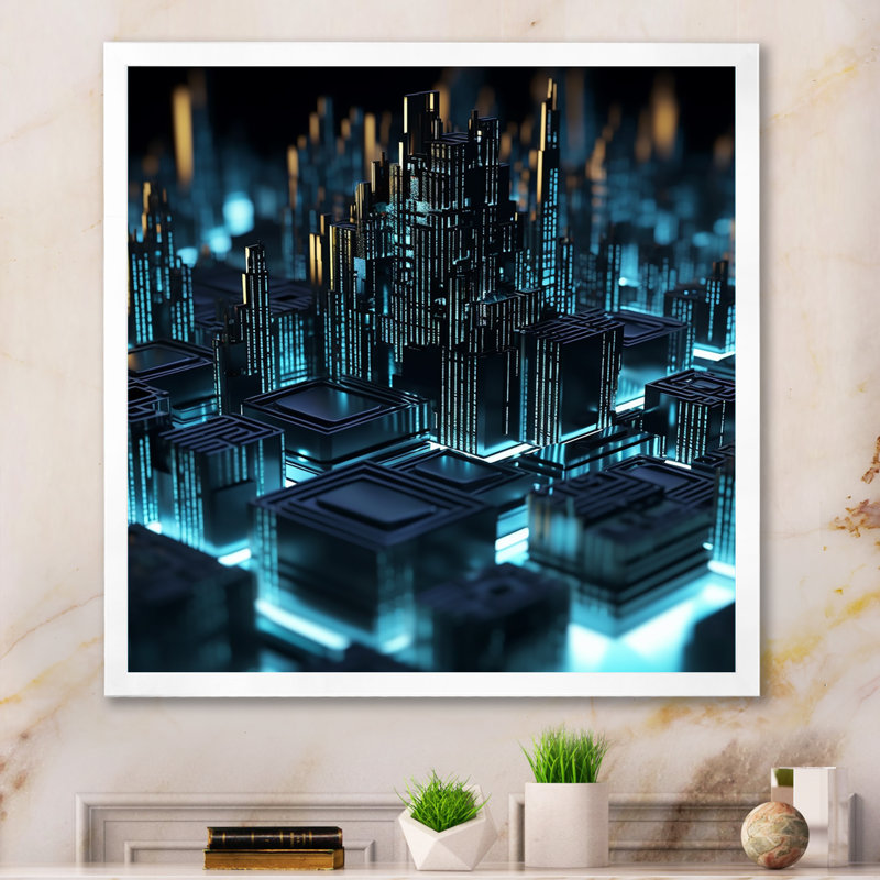 «3D Cityscape Futur Architecture Turquoise I» sur toile, Cadre simple blanc, H 16 po x l 16 po x P 1 po