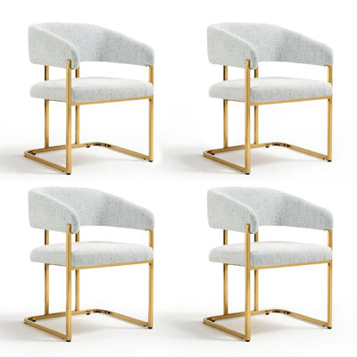 Modern 22" Seat Wide Metal Frame Chenille Upholstered Armchair Dining Chair Set of 4 (White)