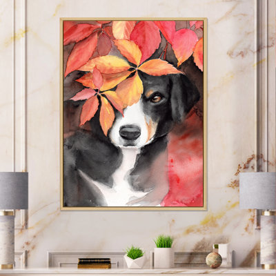 «Cute Black Dog in Autumn Leaves», peinture sur toile