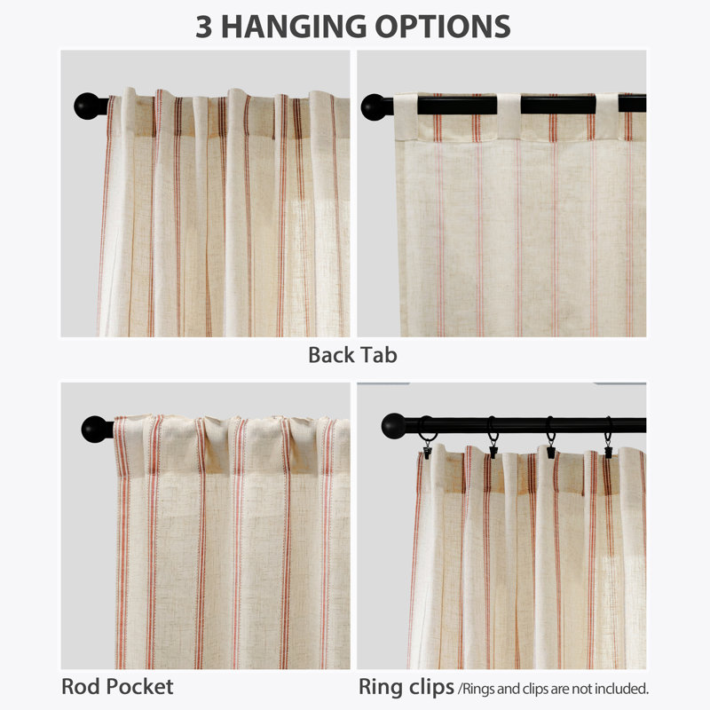Farmhouse Striped Linen Blend Textured Light Filtering Semi Sheer Rod Pocket Back Tab Curtains, 52" W x 96" L, Red