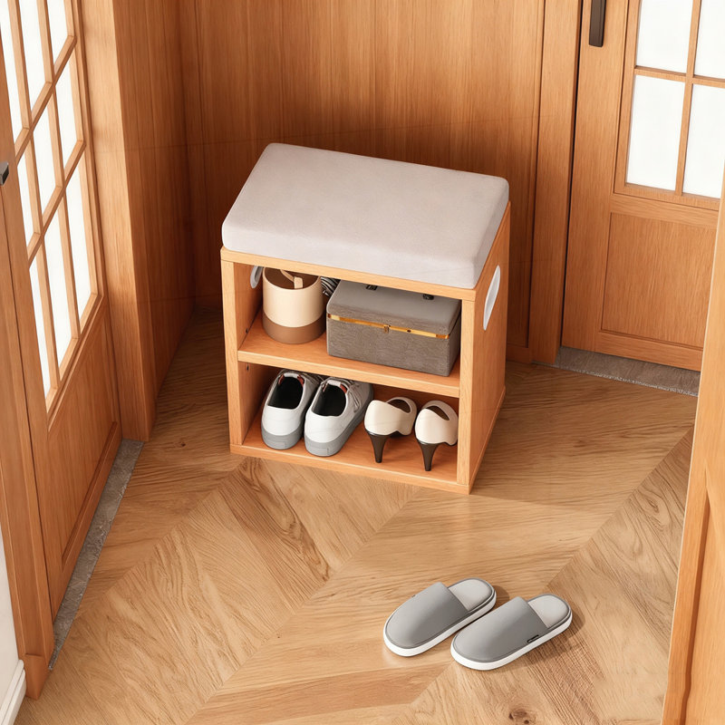 4 Pair Shoe Storage Bench, Oak/Beige
