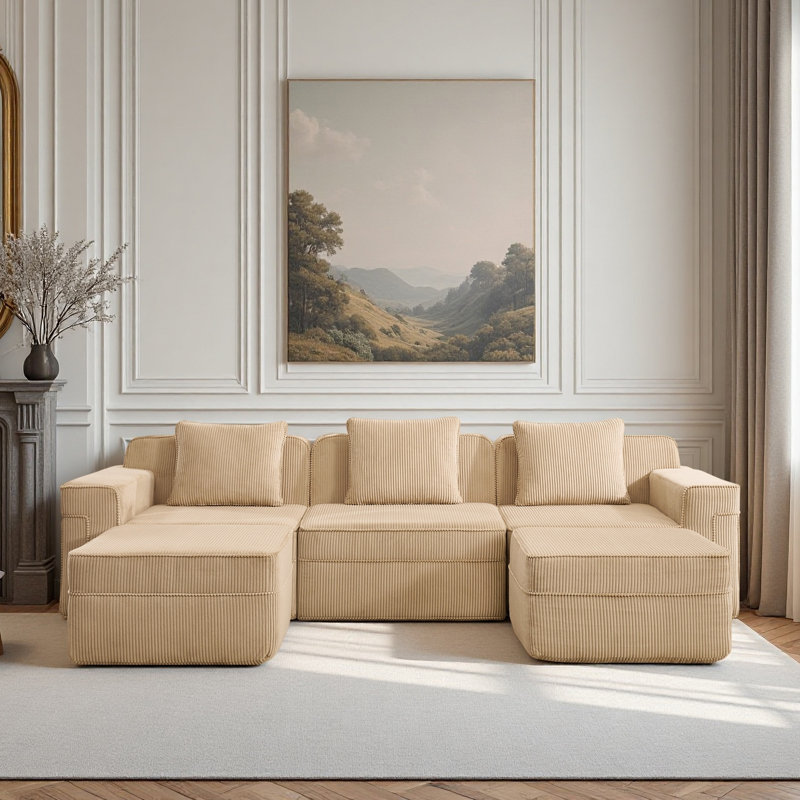 Canapé modulaire modulaire à 3 places en forme de U sans os, canapé modulaire Cloud avec assise profonde, canapé modulaire moderne à 3 places avec repose-pieds mobile à 2 places, tissu en velours côtelé