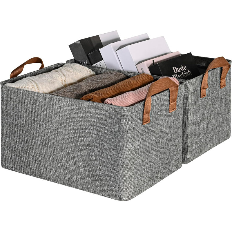 Shelf Baskets For Shelf, Fabric Storage Bins With Metal Frame,Foldable Storage Boxes With PU Handles,2-Pack, Fog Gray