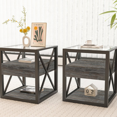 2 - Piece Modern End Table With Drawer, Nightstand For Bedroom And Living Room, Rustic Wood Grain & Tempered Glass Top, Scratch Surface, Compact Confi