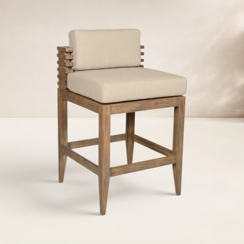 Tabouret d'extérieur en bois avec coussin Aerilyn, H 27,50 po, Brun clair, Taupe performance