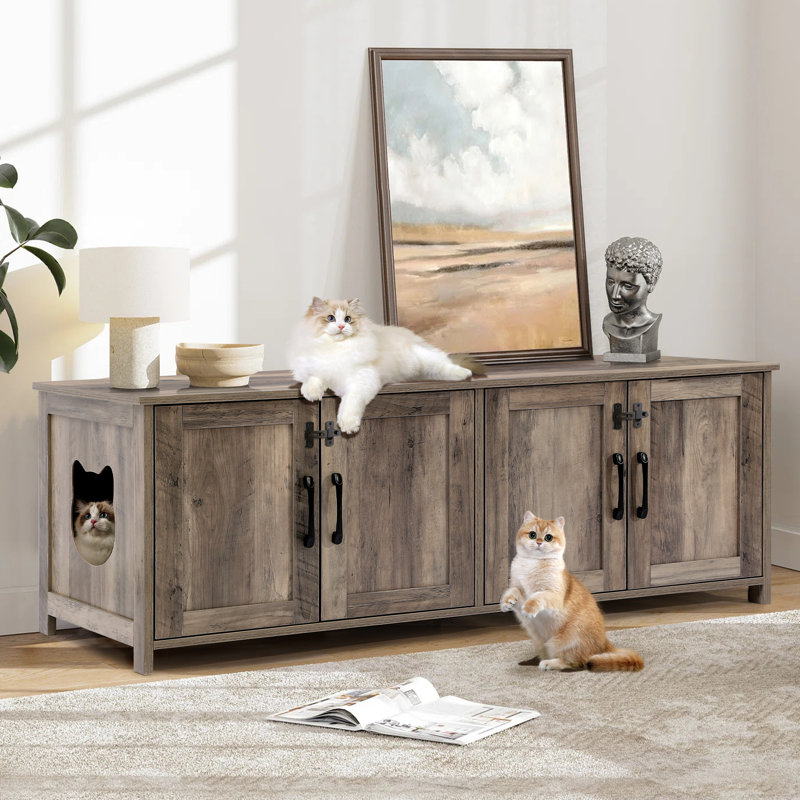 Rustic Gray Wooden Cat Litter Box Enclosure with Dual Chambers