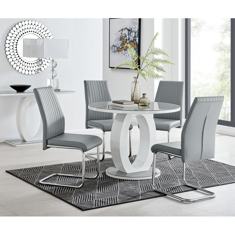 Scottsmoor 4 Seater High Gloss Round Dining Table Set with 4 Luxury Faux Leather Dining Chairs, Gray, Gray