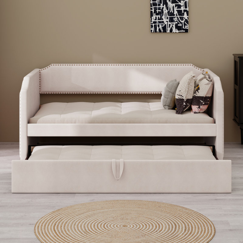 Velvet Upholstered Daybed With Pop Up Trundle, Beige