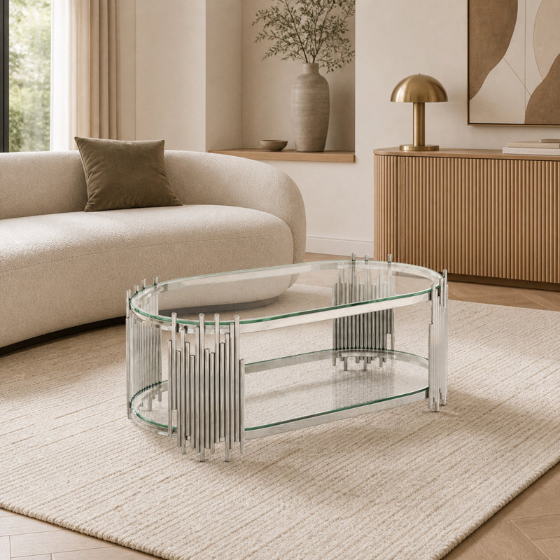  Table basse ovale en verre trempé à deux niveaux de 47 pouces avec base en acier inoxydable, Clear Glass / Silver Frame